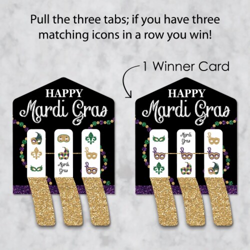 Big Dot of Happiness Mardi Gras Masquerade Party Game Pickle Cards Pull Tabs 3-in-a-Row 12 Ct Perspective: top
