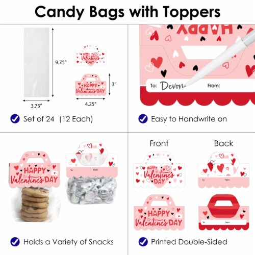 Big Dot of Happiness Happy Valentine's Day DIY Favor Bag Labels Candy Bags with Toppers 24 Ct Perspective: top