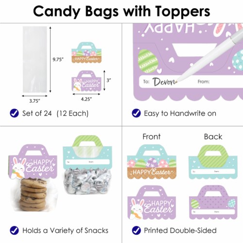 Big Dot of Happiness Spring Easter Bunny Party Favor Bag Labels Candy Bags with Toppers 24 Ct Perspective: top