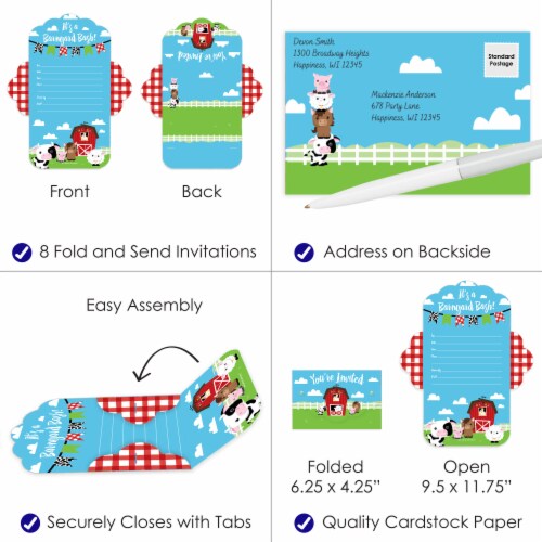 Big Dot of Happiness Farm Animals Fill-In Cards Fold & Send Invitations  8 Ct Perspective: top
