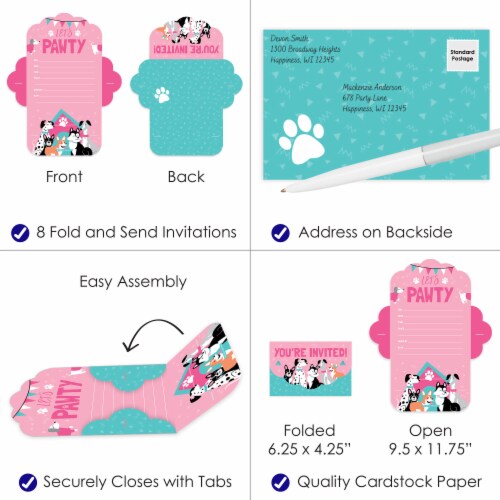 Big Dot of Happiness Pawty Like a Puppy Girl Fill-In Cards Party Fold & Send Invitations 8 Ct Perspective: top