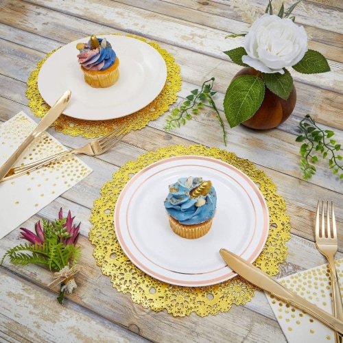 60 Pack Gold Paper Doilies 10 inch, Round Medallion Lace, Wedding Decorative Placemats Perspective: top