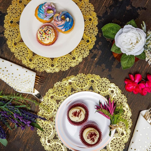 Gold Round Medallion Paper Lace Doilies (12 in, 60 Pack) Perspective: top