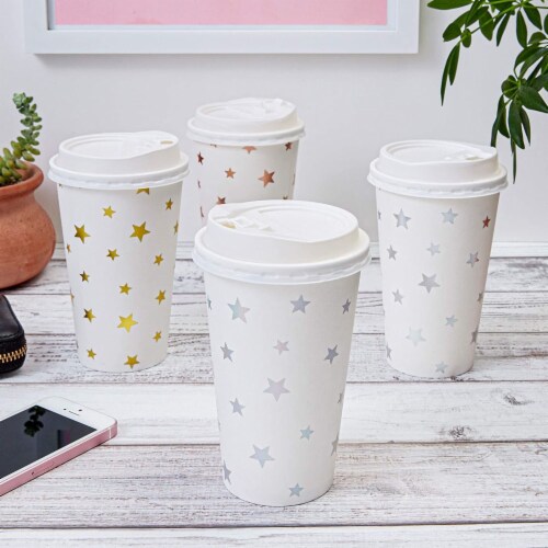Insulated Paper Coffee Cups with Lids and Foil Stars (16-oz, 48-Pack) Perspective: top