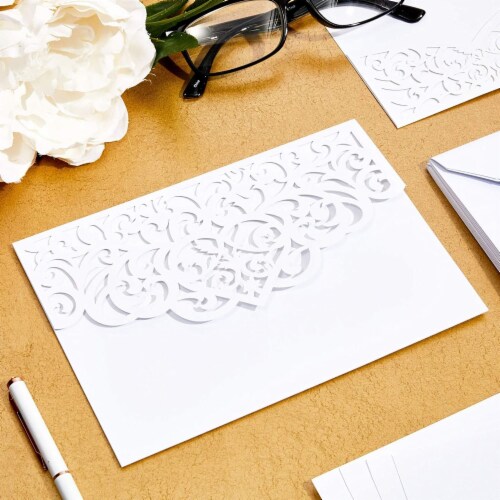 White Laser Cut Wedding Invitations with Envelopes (7.15 x 4.95 in, 24 Pack) Perspective: top