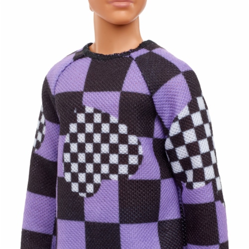 Barbie Ken Fashionistas Doll #191 Blonde Cropped Hair Checkered Sweater & Denim Shorts Perspective: top