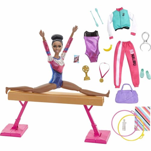 Barbie Gymnastics Playset: Brunette Doll with Twirling Feature, Balance Beam, 15+ Accessories Perspective: top