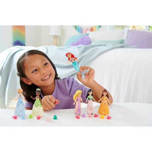 Disney Princess 6 Posable Small Dolls with Sparkling Clothing and 13 Tea Party Accessories Perspective: top