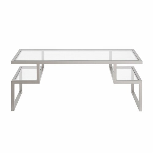 Pemberly Row Metal Satin Nickel and Gray Coffee Table with Glass Top Perspective: top