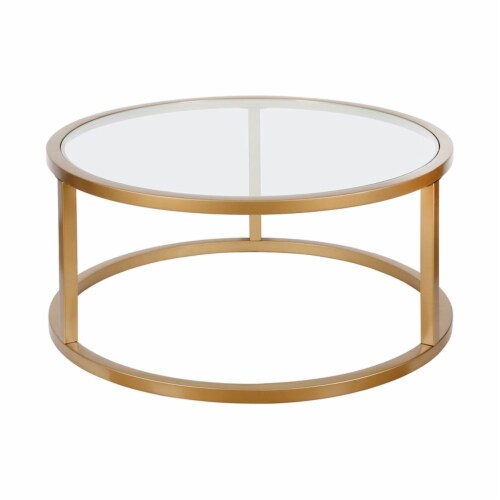 Pemberly Row Metal Round Pedastal Base Coffee Table in Gold and Brass Finish Perspective: top