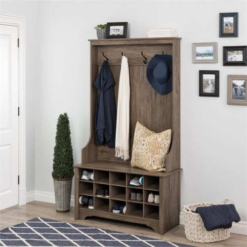 Pemberly Row Wide Hall Tree with Shoe Storage in Drifted Gray Perspective: top