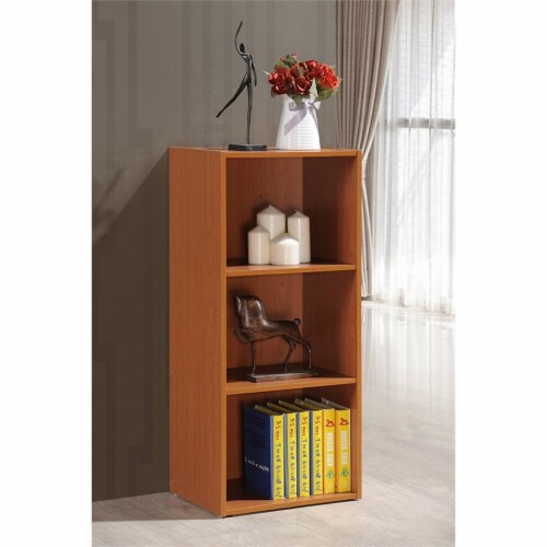 Pemberly Row Three Shelf Wooden Bookcase in Cherry Finish Perspective: top