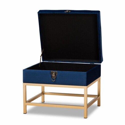 Bowery Hill Navy Blue Fabric and Gold Finished Metal Ottoman Perspective: top