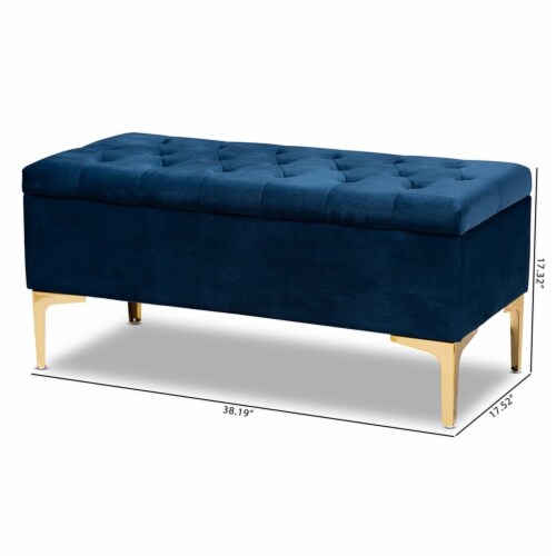 Bowery Hill Navy Blue Velvet Gold Button Tufted Storage Ottoman Perspective: top