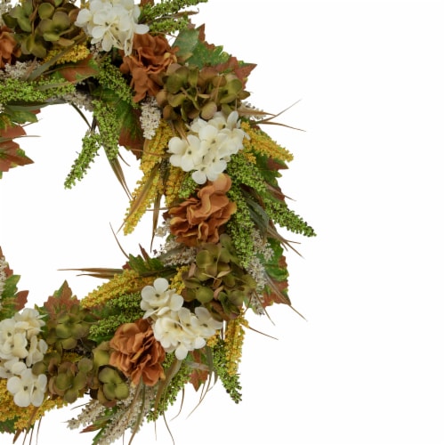 Northlight White and Orange Hydrangea Artificial Fall Harvest Twig Wreath, 28-Inch, Unlit Perspective: top