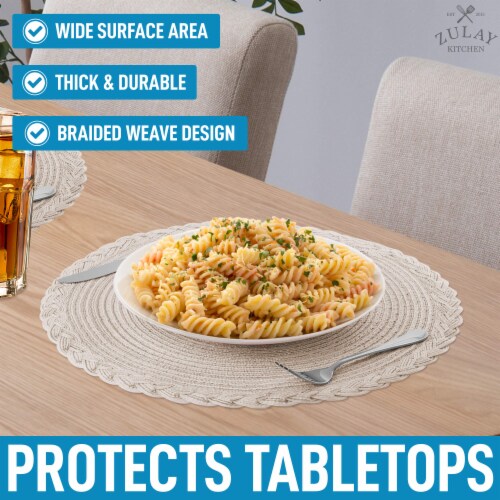 Zulay Kitchen Round Placemats Braided - Set of 6 - Ivory with Border Perspective: top