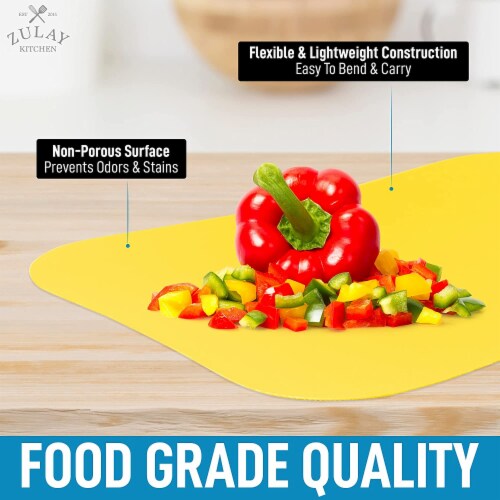 Zulay Kitchen Flexible Cutting Board Mats Set of 3 - Curved Edge (Yellow, Apricot, Grape) Perspective: top