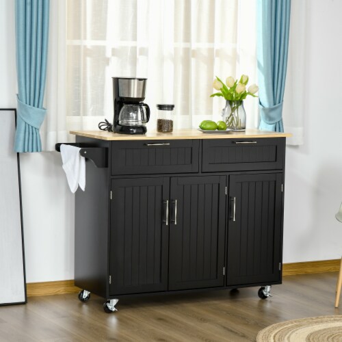 48  Kitchen Island Utility Rolling Cart w/ 2 Storage Drawers & 3 Cabinets, Black Perspective: top