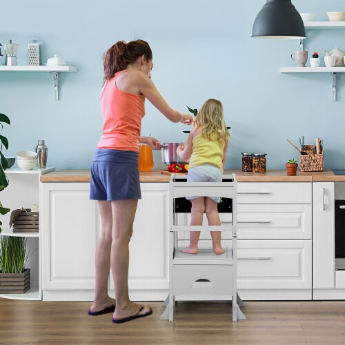 Homcom 2 In 1 Kids Kitchen Step Stool Helper With Safety Rail, White | Robert Dyas