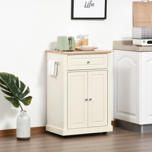 Modern Rolling Kitchen Island Storage Cart w/ Drawer & Adjustable Shelf, White Perspective: top