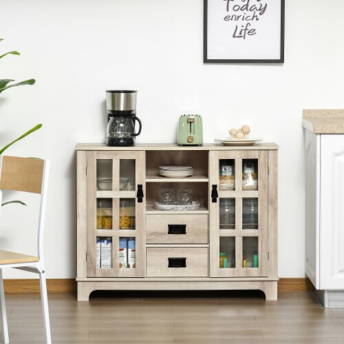 Modern Sideboard Storage Kitchen Cabinet Buffet Server w/ Glass Doors, White Oak Perspective: top