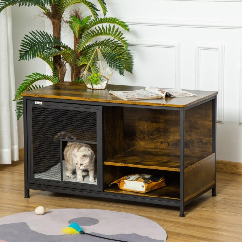 Wooden Cat House End Table, Elevated Kennel Pet Bed w/ Cushion, Rustic Brown Perspective: top