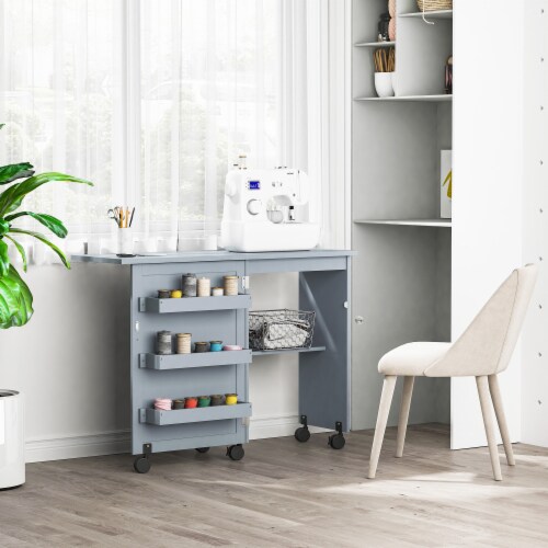 Folding Sewing Table Rolling Utility Work Station & Side Desk w/ Storage Bins Perspective: top