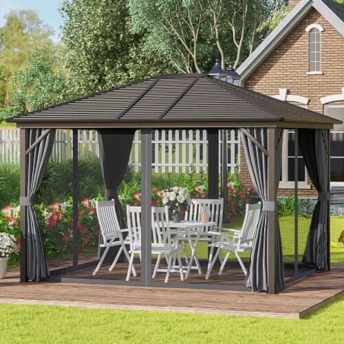 10'x12' Hardtop Gazebo, Mesh, Curtains, Steel Slat Canopy, Outdoor Events, Dark Grey Perspective: top