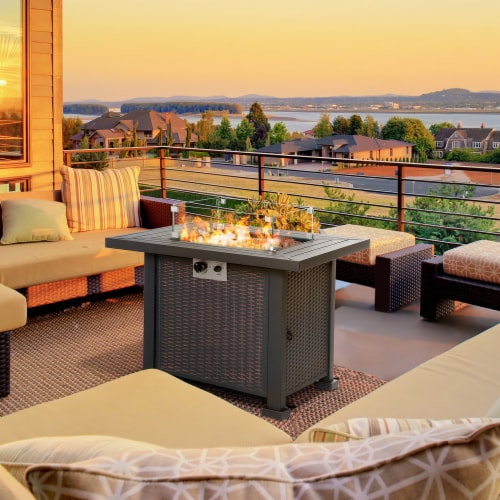 34 Propane Fire Pit Table 50,000 BTU Gas w/ Wind Guard, Lava Rocks Perspective: top