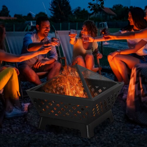 Outdoor Fire Pit Bonfire w/Spark Screen Lid & Poker Backyard Patio, Black Perspective: top