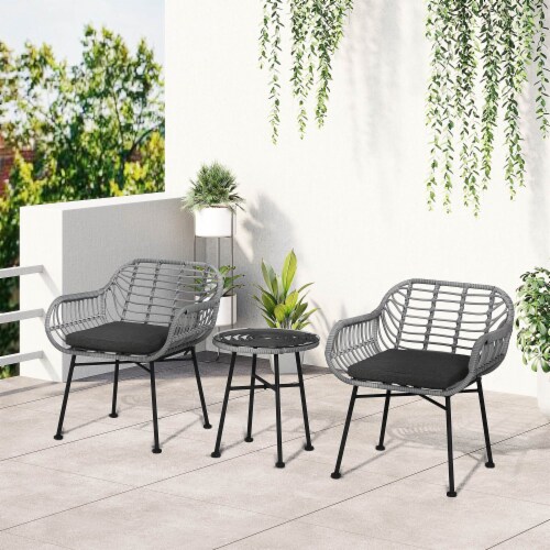 3-Piece Rattan Bistro Outdoor Table & Chairs Furniture Patio Set, Garden, Grey Perspective: top