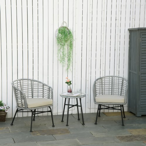 3-Piece Rattan Bistro Outdoor Table & Chairs Furniture Patio Set, Garden, White Perspective: top
