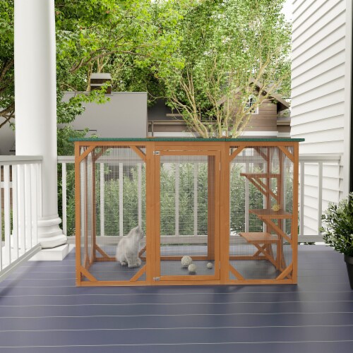 Cat Cage Wooden Pet Enclosure with Waterproof Roof, Platforms, Lock, Orange Perspective: top