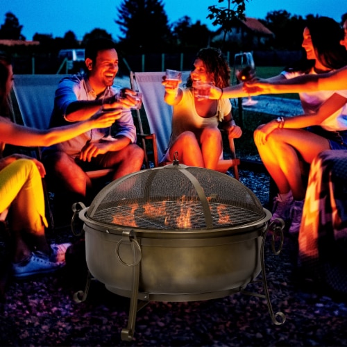 Steel Wood Burning Fire Pit Grill 37 , Poker, Lid, BBQ Cooking Grate, Camping Perspective: top