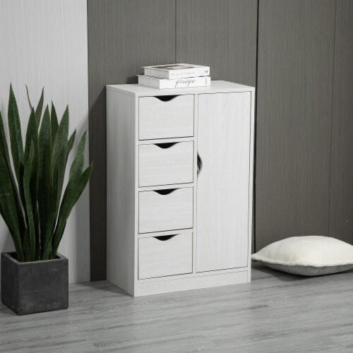 Freestanding Wooden Storage Organizer w/ 4 Drawers & 1 Cabinet w/ Shelf, White Perspective: top