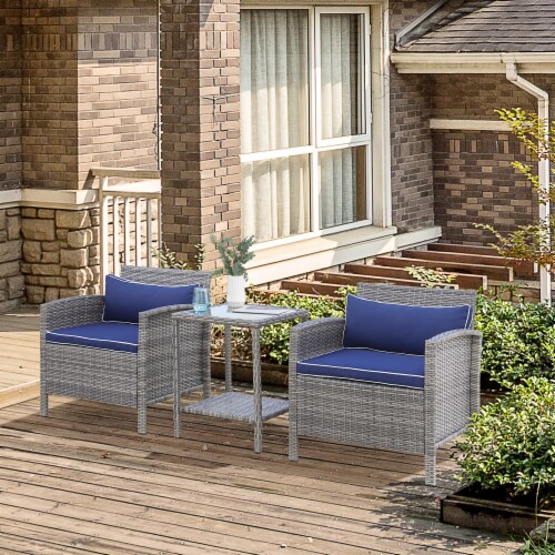 3pc Patio Bistro Set Rattan Wicker Furniture, 2 Armchairs, Table, Shelf, Blue Perspective: top