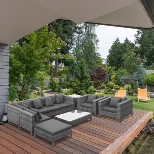 Outside Sitting & Conversation Sofa Set w/ Thick Sofa Cushions & Tea Table, Black Perspective: top