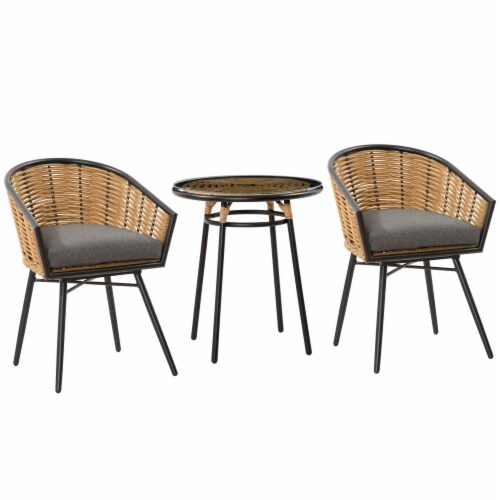 3pcs Patio Bistro Set Rattan Wicker Furniture, 2 Chairs, Coffee Table, Dark Grey Perspective: top
