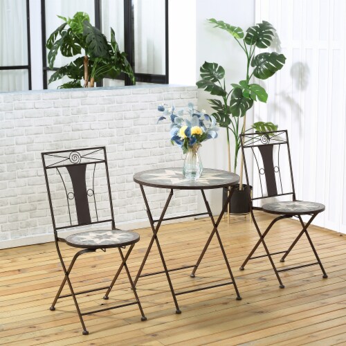 3pc Outdoor Patio Dining Set, 2 Folding Chairs, Table, 8-Pointed Star Mosaic Perspective: top