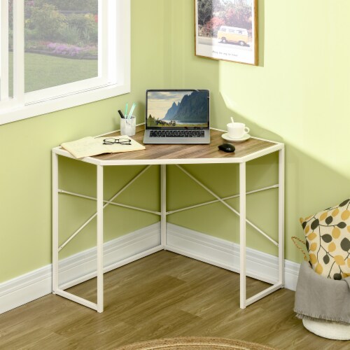 Corner Computer Desk. Writing Table with Steel Frame for Small Spaces,  White, 1 Unit - Fry's Food Stores