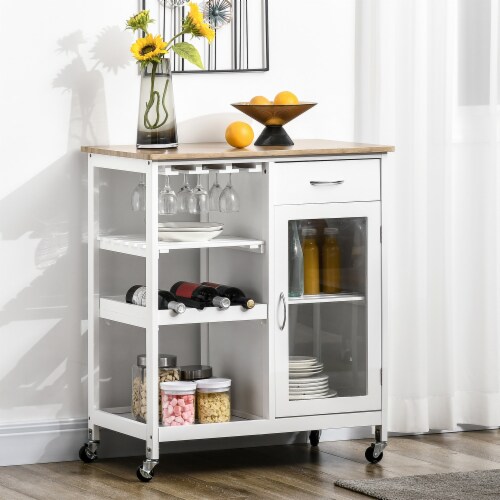 Utility Kitchen Cart Rolling Kitchen Island Storage Trolley w/ Wine Rack, White Perspective: top