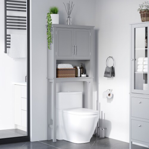 Over The Toilet Storage Cabinet, Double Door Bathroom Organizer w/ Shelf, Grey Perspective: top