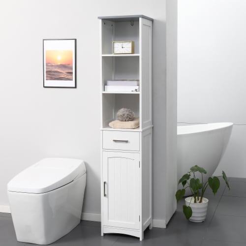 Tall Bathroom Storage Cabinet, Freestanding Linen Tower Slim Organizer, White Perspective: top