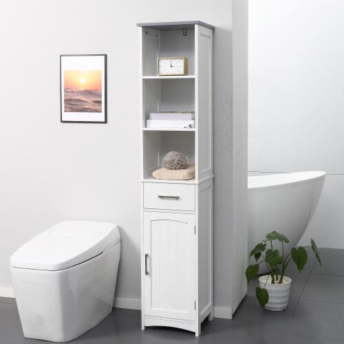 Tall Bathroom Storage Cabinet, Freestanding Linen Tower Slim Organizer, White Perspective: top