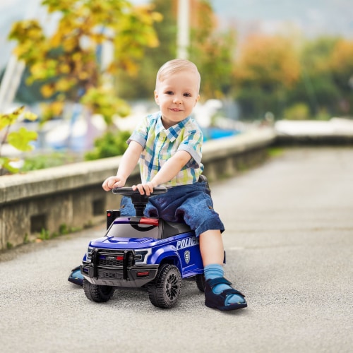 Police Car Toy with Megaphone, Ride On Sliding Car W/ Anti Fall Device Blue Perspective: top