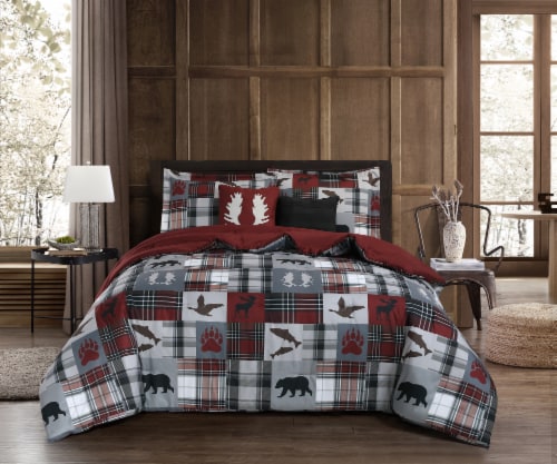 Coleman Lodge Patchwork Animal Plaid Comforter Set - Red Perspective: top