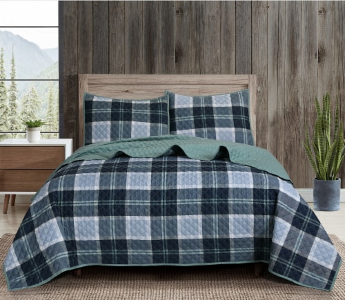 Coleman Casey Plaid King Quilt - Green/Blue Perspective: top