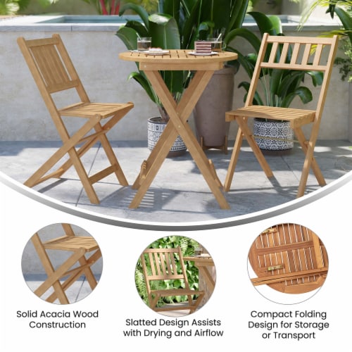 Martindale 3 Piece Folding Patio Bistro Set, Indoor/Outdoor Acacia Round Wood Table and 2 Perspective: top