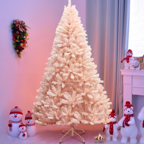 Costway 7ft Pink Artificial Christmas Tree Hinged Full Fir Tree Metal Stand Perspective: top