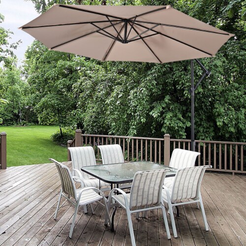 Costway 10' Hanging Umbrella Patio Sun Shade Offset Outdoor Market W/t Cross Base Beige Perspective: top